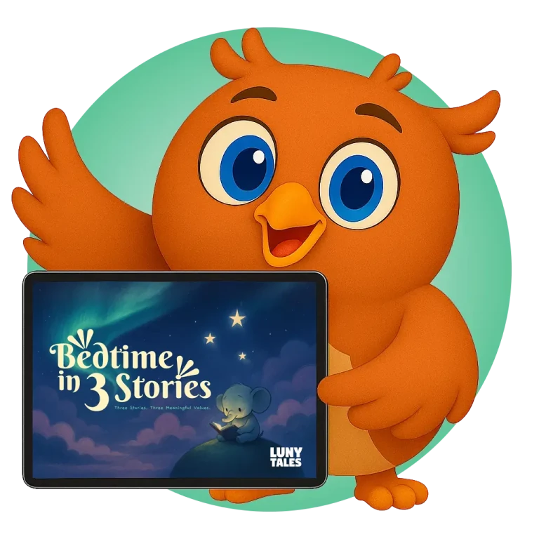 Luny the owl mascot holding a tablet with the cover of Bedtime in 3 Stories